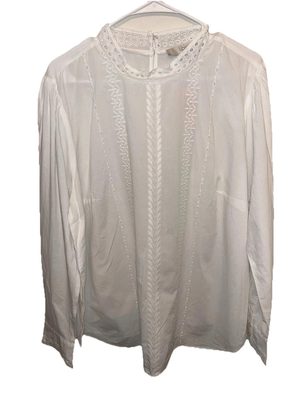 LOFT White Embroidered Eyelet Mock Neck Blouse Long Sleeve Button Up Size 18 NWT